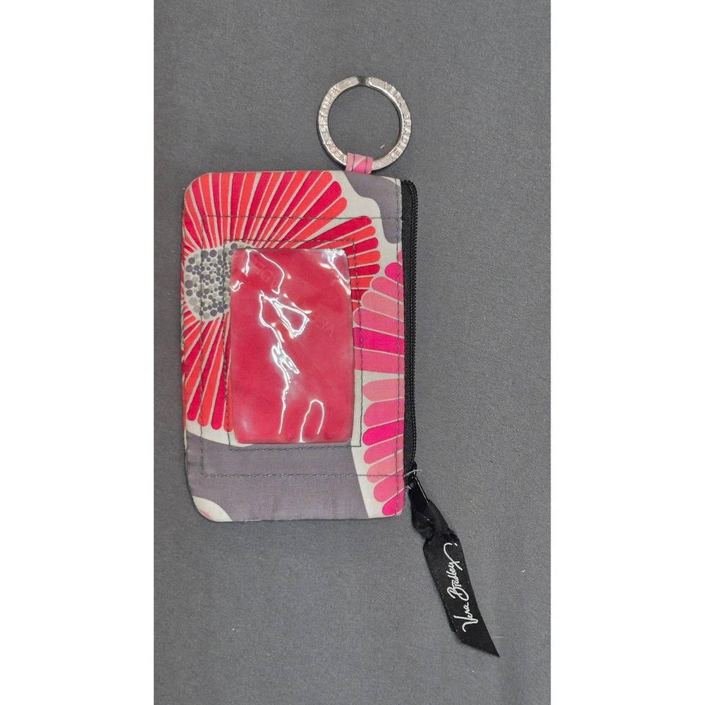 Vera Bradley Lilli Bell ID Case Wallet Pink Grey Floral Zip Key Ring Card Holder